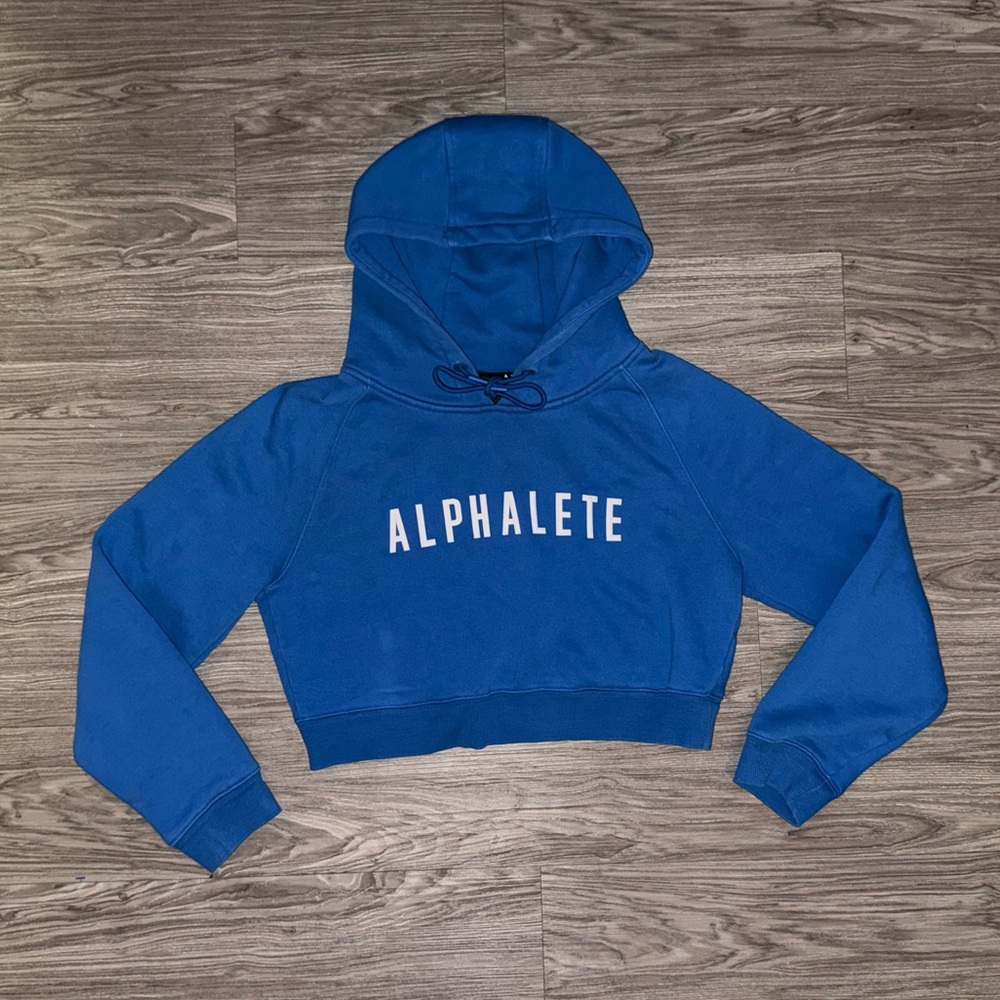 Alphalete Cropped Hoodie Womens Medium Blue Spell Out Fleece Gym Athletics